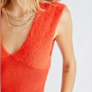 Free People Fuzzy Cropped Deep V-Neck Vest Tank | Small | Orange